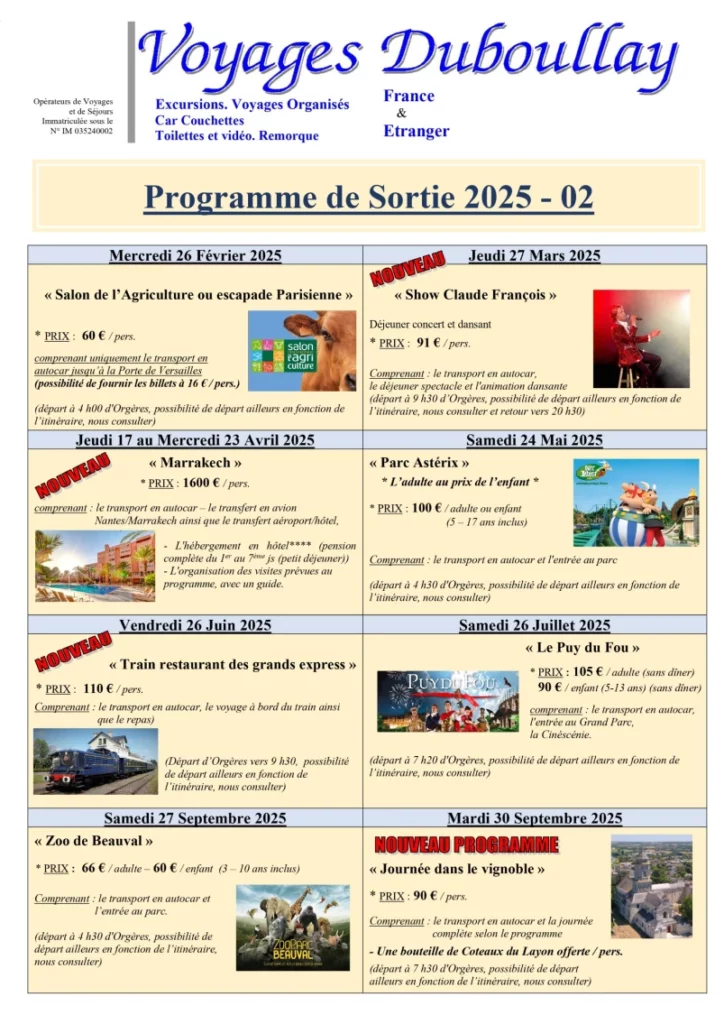 Duboullay Voyages Entreprise De Transport A Orgeres Programme De Sortie 2025